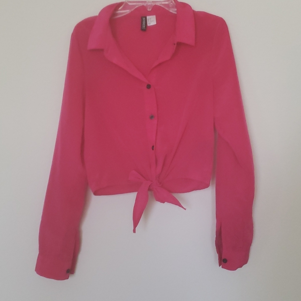 Hot pink long sleeve front tie blouse- US 2